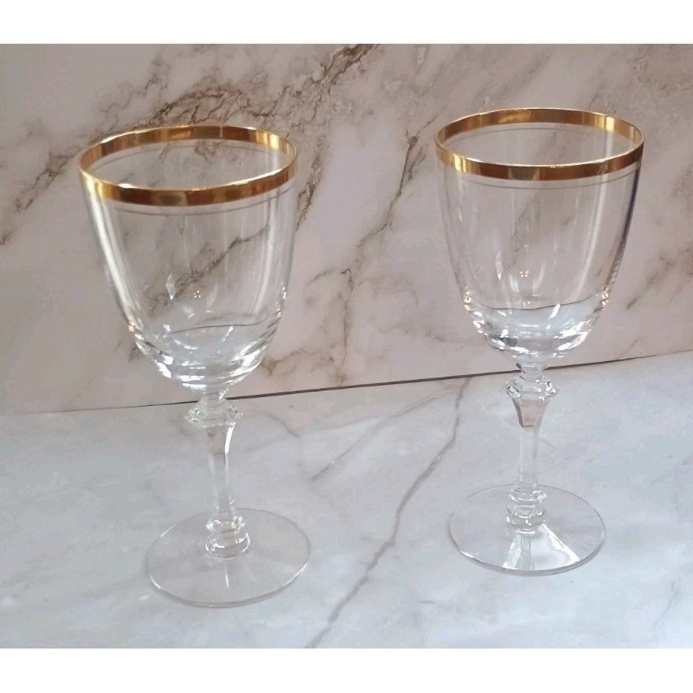 Pair Of Tiffin-Franciscan Gold Bracelet Rim Crystal‎ Wine Water Goblet Glasses